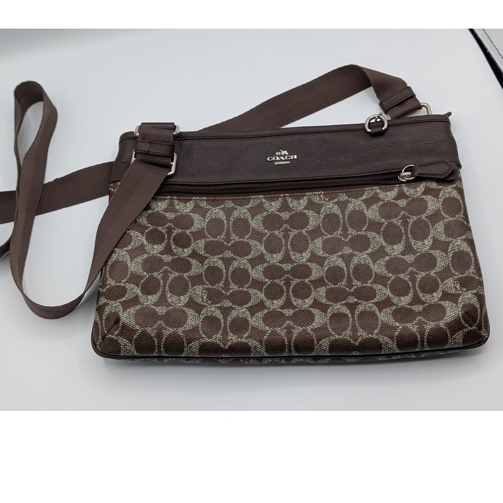 Coach North South Swingpack Crossbody Bag Signature Brown Canvas Leather F58309